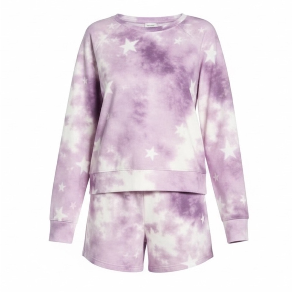 Wildfox Purple Tie Dye Stars Lounge 2 Piece Set Sweatshirt & Shorts Size XL NWT